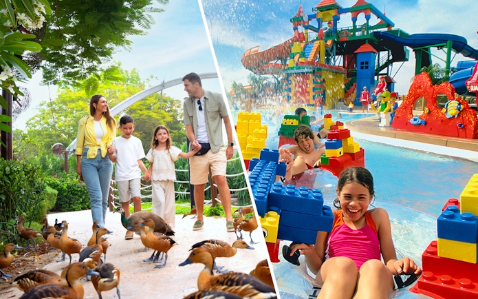 Family walking among ducks at Dubai Safari Park and children enjoying LEGOLAND Water Park.
