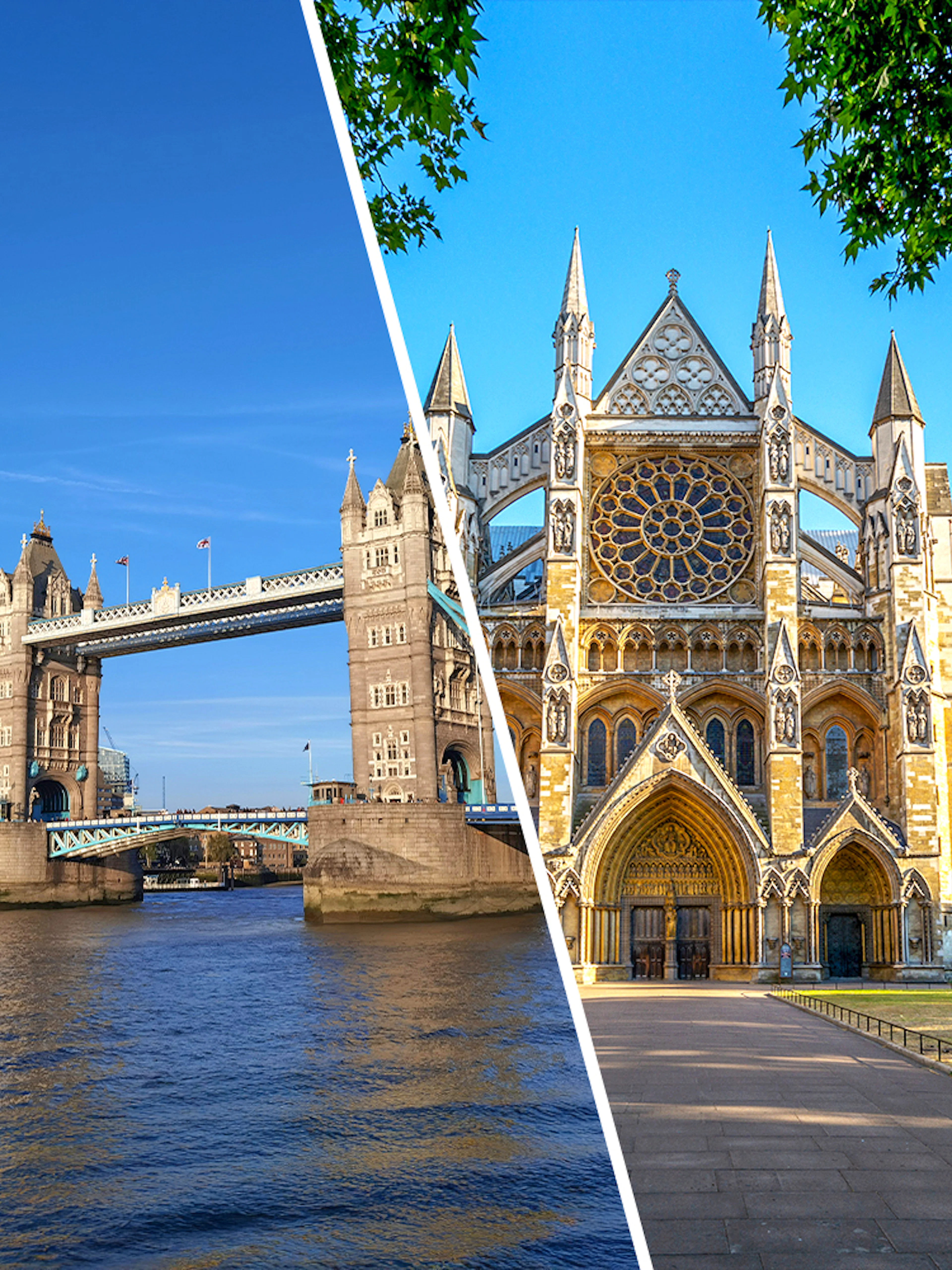 Tower Bridge over the Thames and the facade of Westminster Abbey in London.