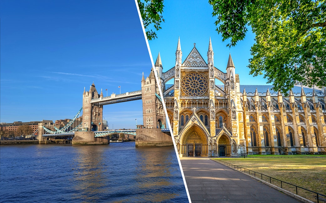 Tower Bridge over the Thames and the facade of Westminster Abbey in London.