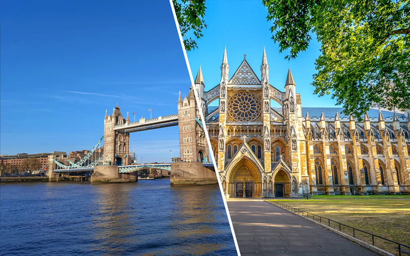 Tower Bridge over the Thames and the facade of Westminster Abbey in London.