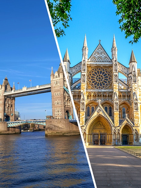 Tower Bridge over the Thames and the facade of Westminster Abbey in London.