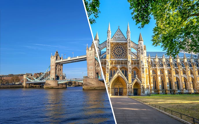 Tower Bridge over the Thames and the facade of Westminster Abbey in London.