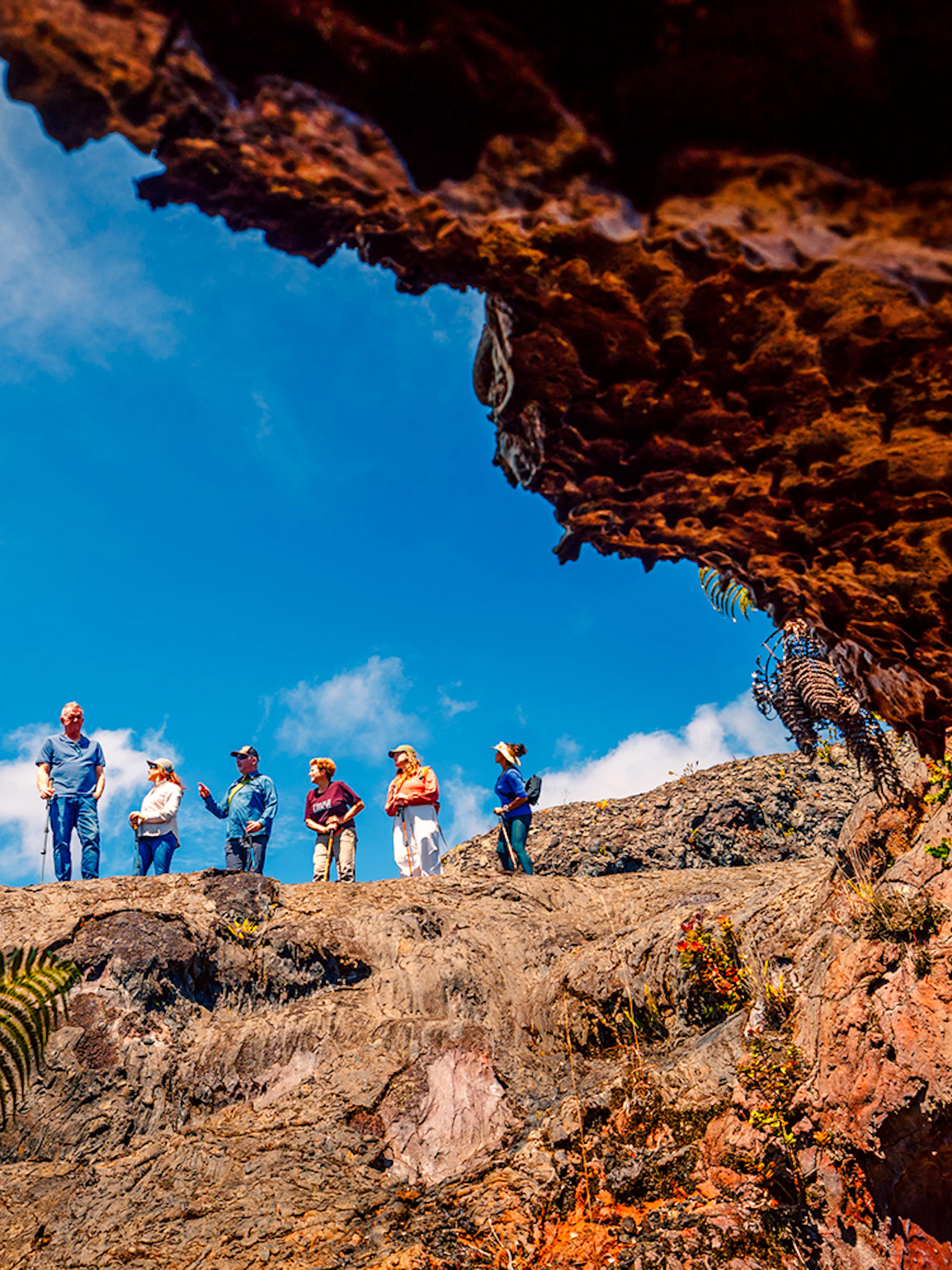 Guests exploring volcanic terrain on adventure tour in Hawaii.