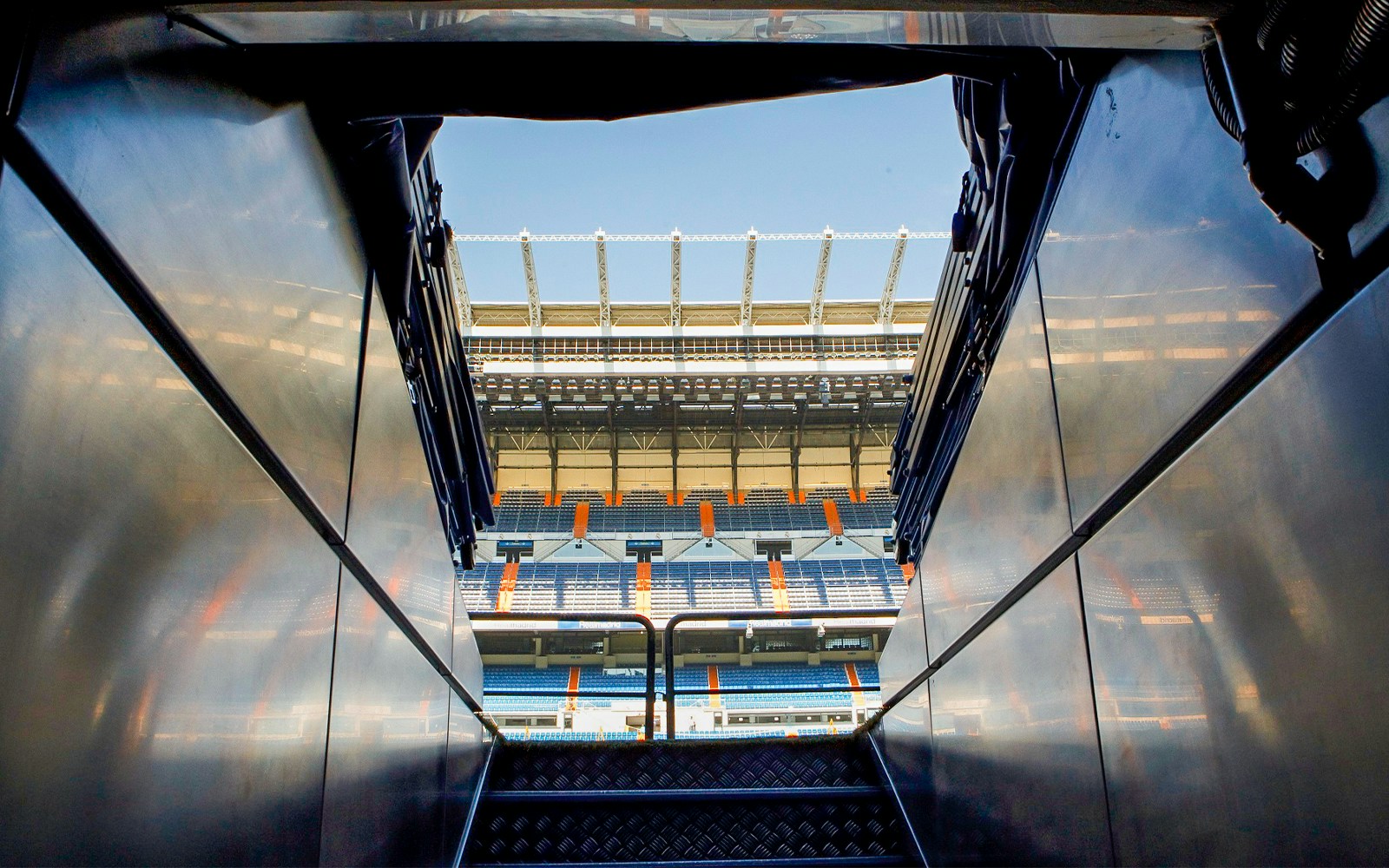 Tunnel view leading to the Santiago Bernabéu Stadium stands in Madrid.