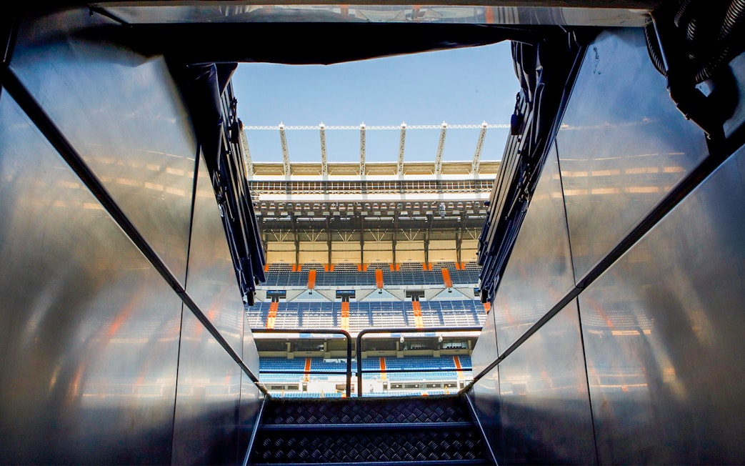 Tunnel view leading to the Santiago Bernabéu Stadium stands in Madrid.