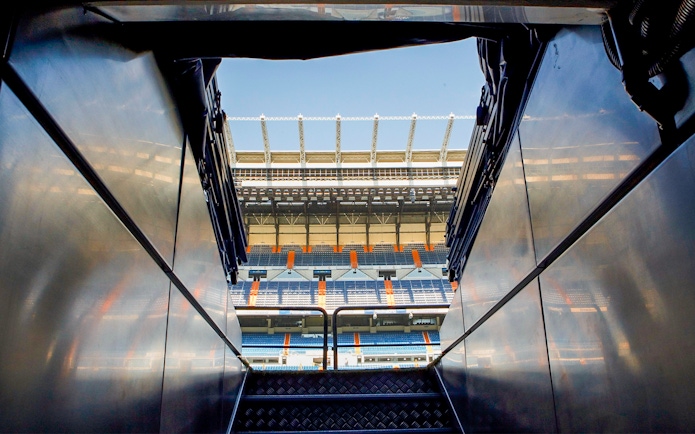 Tunnel view leading to the Santiago Bernabéu Stadium stands in Madrid.