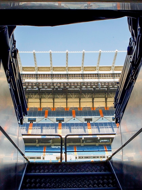 Tunnel view leading to the Santiago Bernabéu Stadium stands in Madrid.