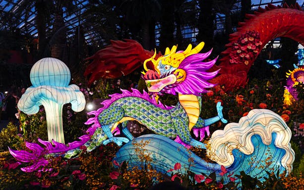 Colorful dragon lantern display at Gardens by the Bay Cloud Forest, Singapore.