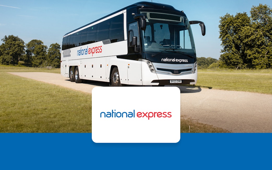 National Express coach on a rural road, offering one-way tickets from Heathrow to London Victoria.