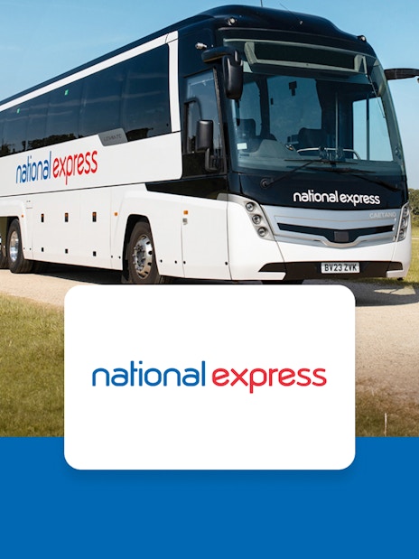 National Express coach on a rural road, offering one-way tickets from Heathrow to London Victoria.