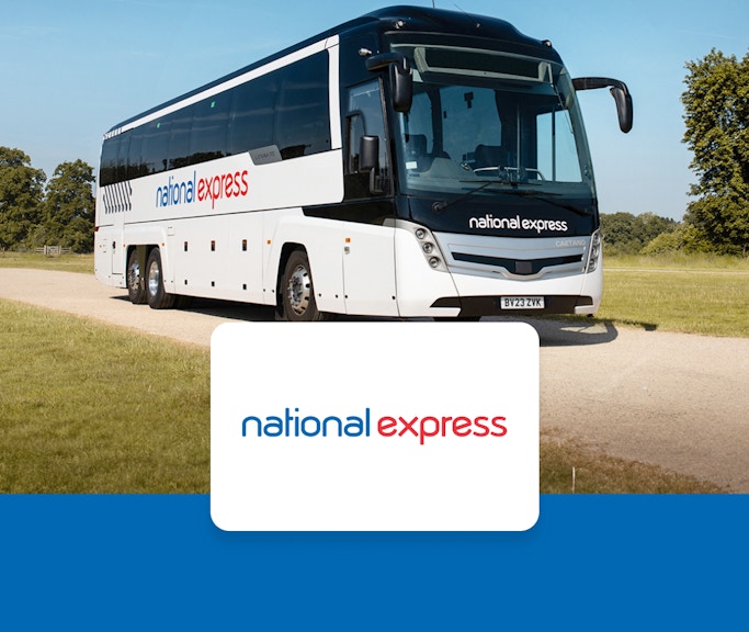 National Express coach on a rural road, offering one-way tickets from Heathrow to London Victoria.