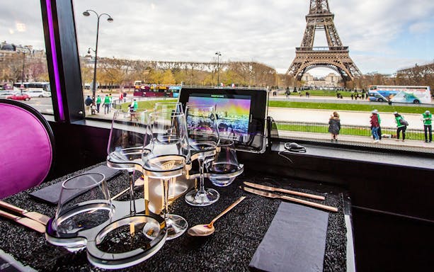 Dining table view of Eiffel Tower from Bus Toqué Paris.