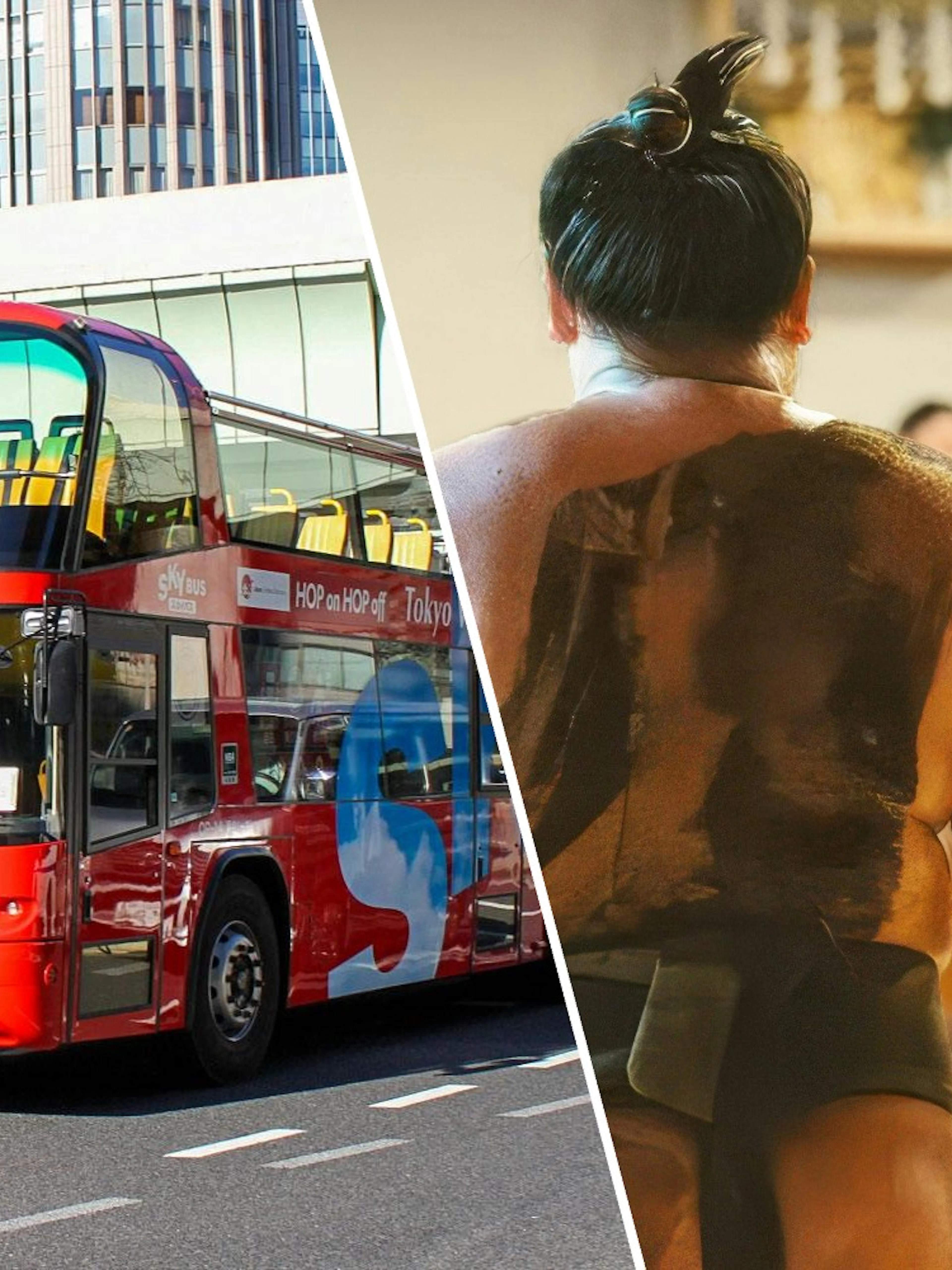 Tokyo hop-on hop-off bus and sumo wrestler preparing for match.