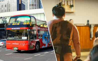 Tokyo hop-on hop-off bus and sumo wrestler preparing for match.