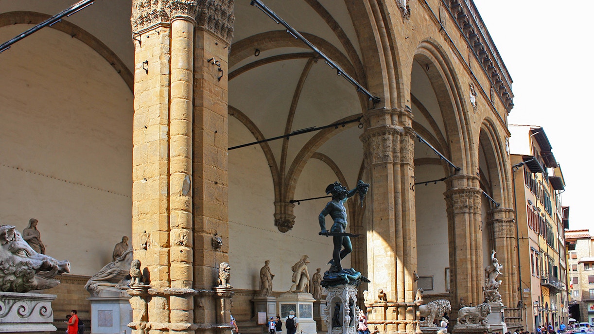 David and Michelangelo sculptures at the Palazzo Vecchio Museum entrance