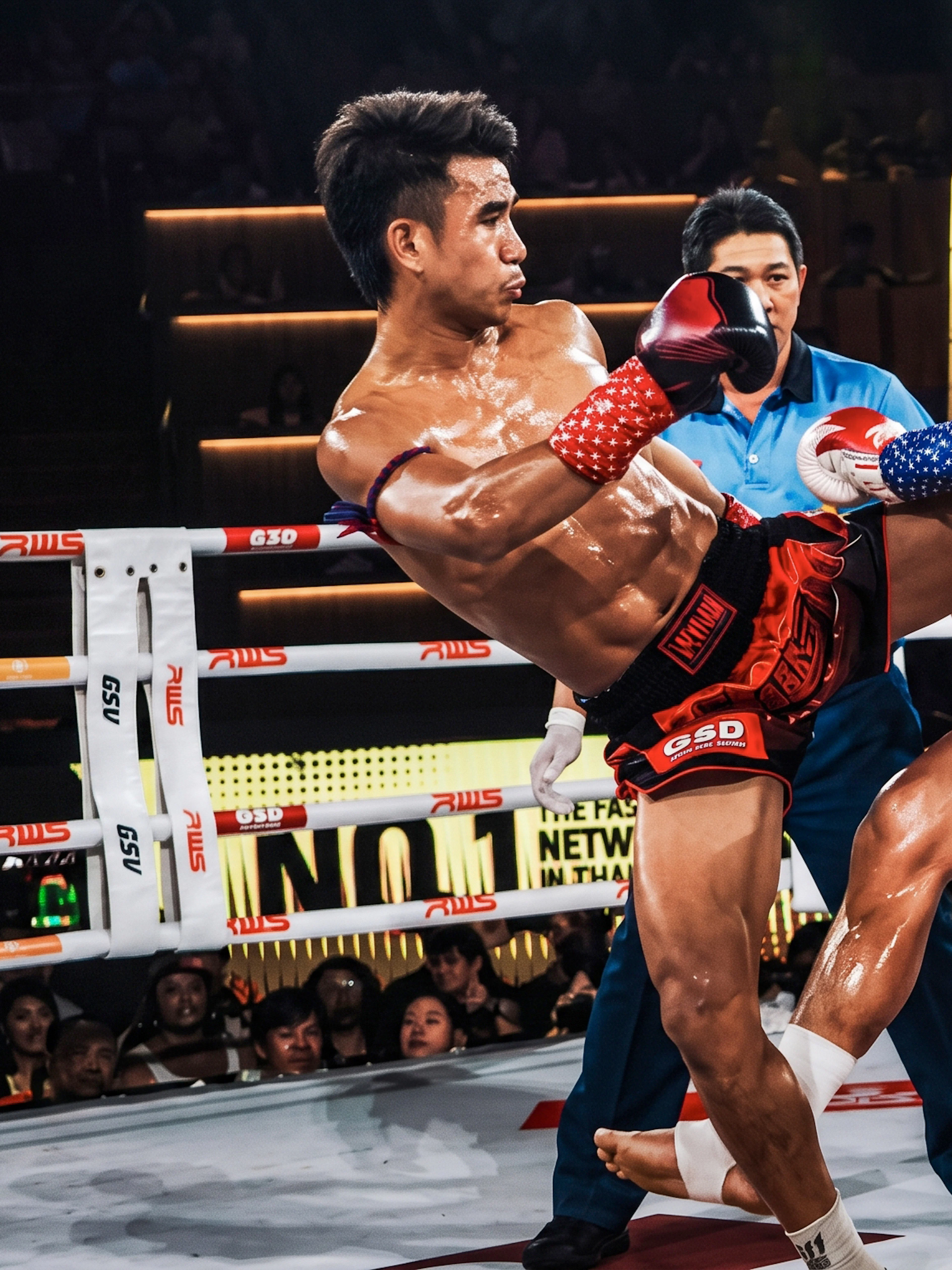 Muay Thai fighters in action at Rajadamnern Stadium, Bangkok.