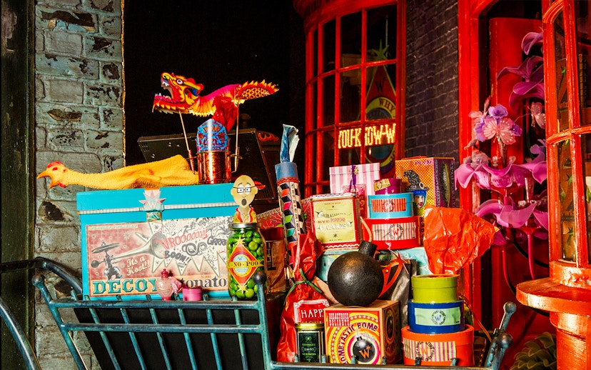 Colorful display of magical items at the Weasleys' Wizard Wheezes during Harry Potter London tour.