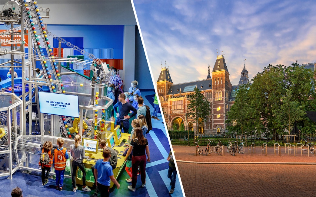 NEMO science museum interactive exhibit and Rijksmuseum facade in Amsterdam.