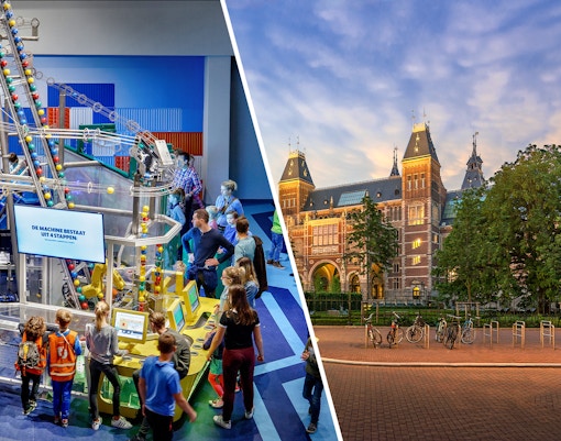 NEMO science museum interactive exhibit and Rijksmuseum facade in Amsterdam.