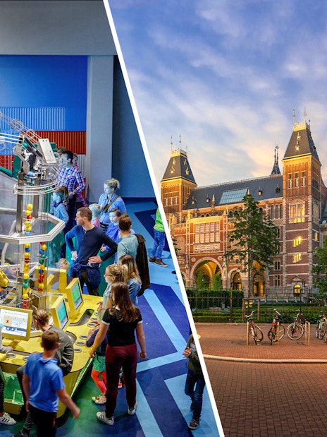NEMO science museum interactive exhibit and Rijksmuseum facade in Amsterdam.