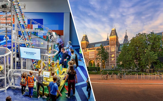 NEMO science museum interactive exhibit and Rijksmuseum facade in Amsterdam.