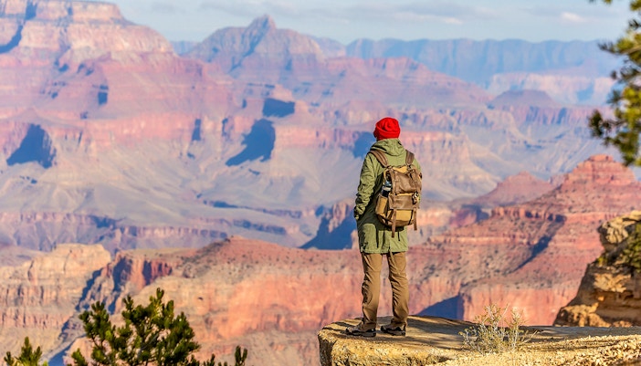 Tourists enjoying a scenic view from the Grand Canyon South Rim Bus tour in Las Vegas