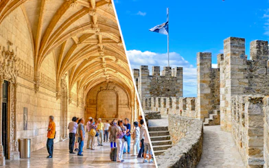 Gothic cloister and medieval castle walls in Lisbon, Portugal.