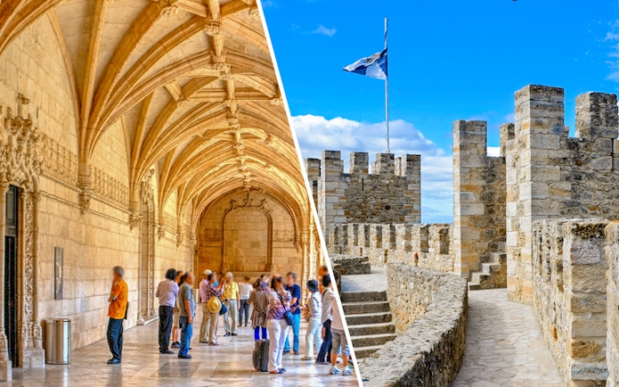 Gothic cloister and medieval castle walls in Lisbon, Portugal.