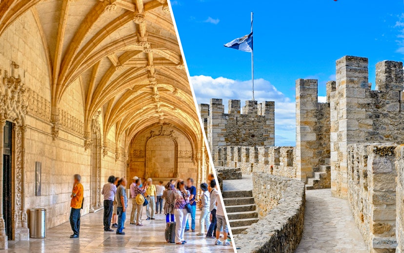 Gothic cloister and medieval castle walls in Lisbon, Portugal.