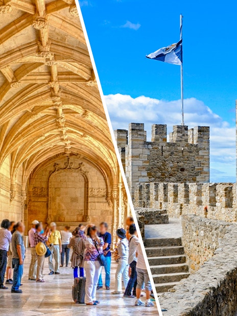 Gothic cloister and medieval castle walls in Lisbon, Portugal.