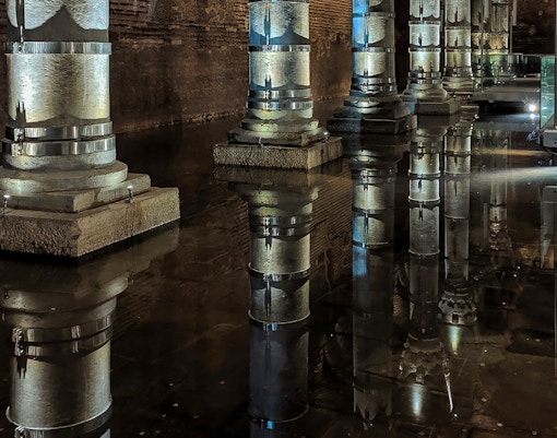 Theodosius Cistern columns reflecting in an underground pool, Istanbul.