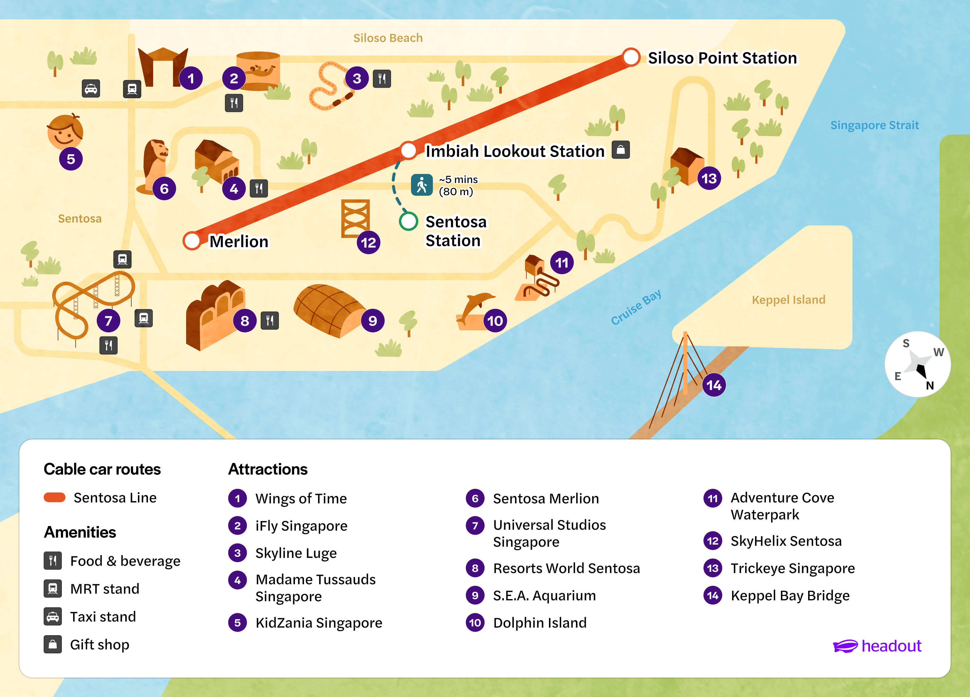 singapore cable car map showing cable car line and attractions like Universal Studios and S.E.A. Aquarium.