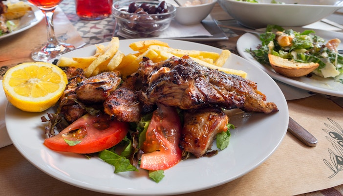 Grilled chicken with fries and salad at Delphi Museum Cafe.
