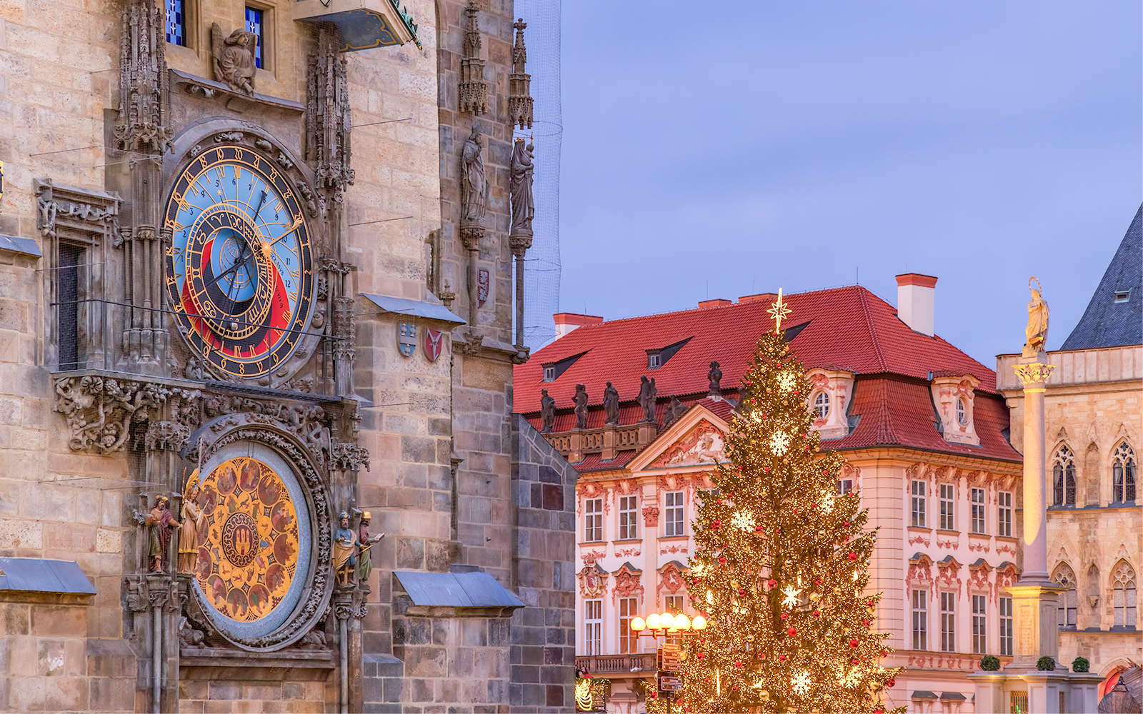 Prague Astronomical Tower illuminate during night time during Christmas