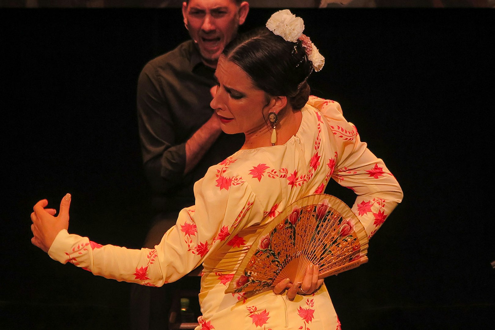 Flamenco dancer with fan performing at Triana Theater.