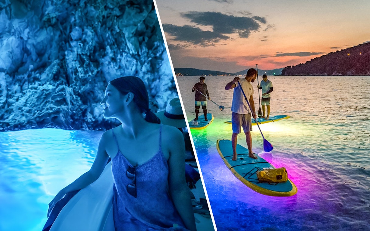 Blue Cave boat tour and glow stand-up paddleboarding at sunset near Split.