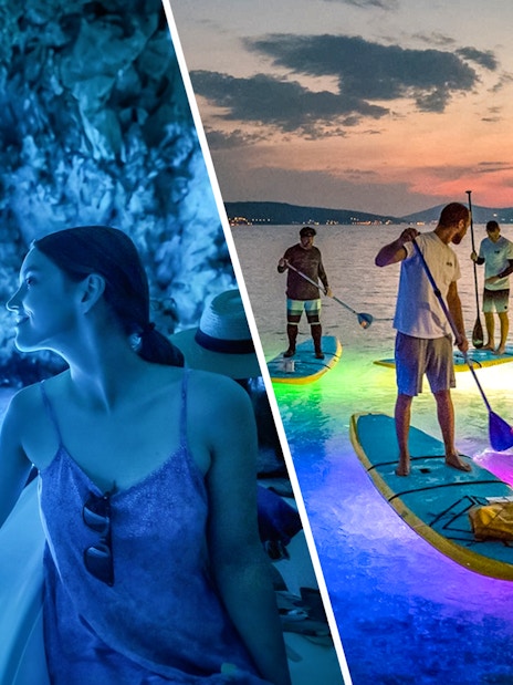 Blue Cave boat tour and glow stand-up paddleboarding at sunset near Split.