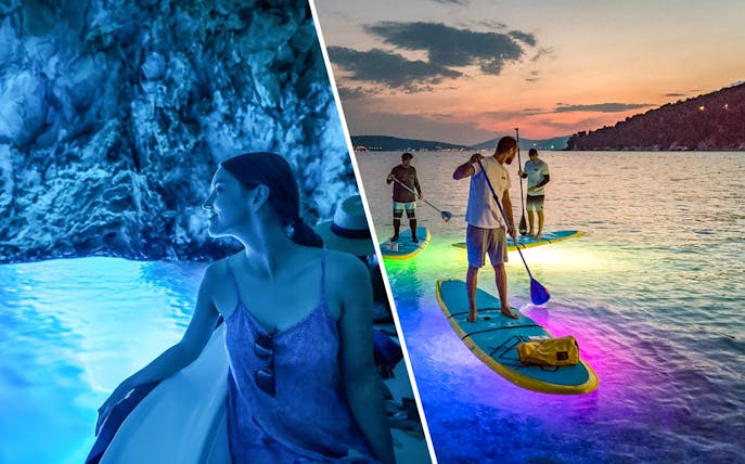 Blue Cave boat tour and glow stand-up paddleboarding at sunset near Split.