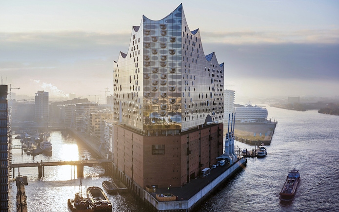 Elbphilharmonie concert hall in Hamburg overlooking the harbor during a guided tour.