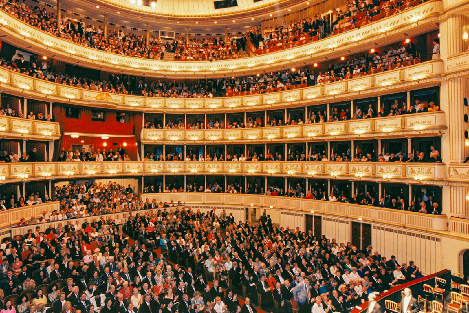 Audience and orchestra at Mozart concert in Vienna State Opera.