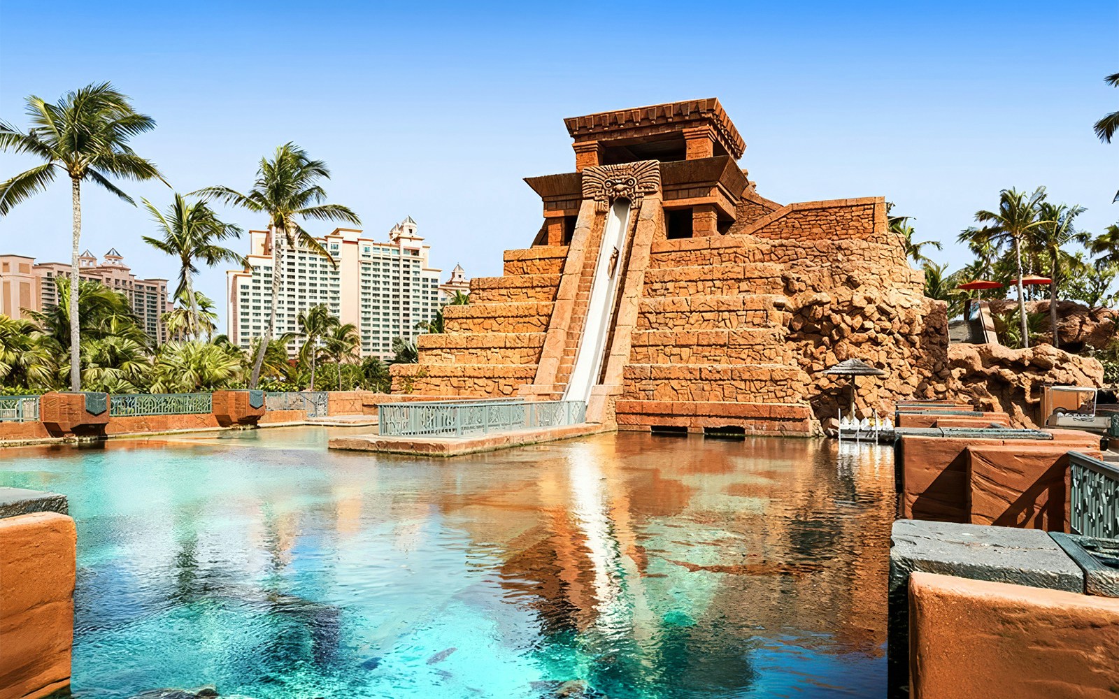 Leap of Faith waterslide at Atlantis Bahamas Waterpark with Mayan temple design.