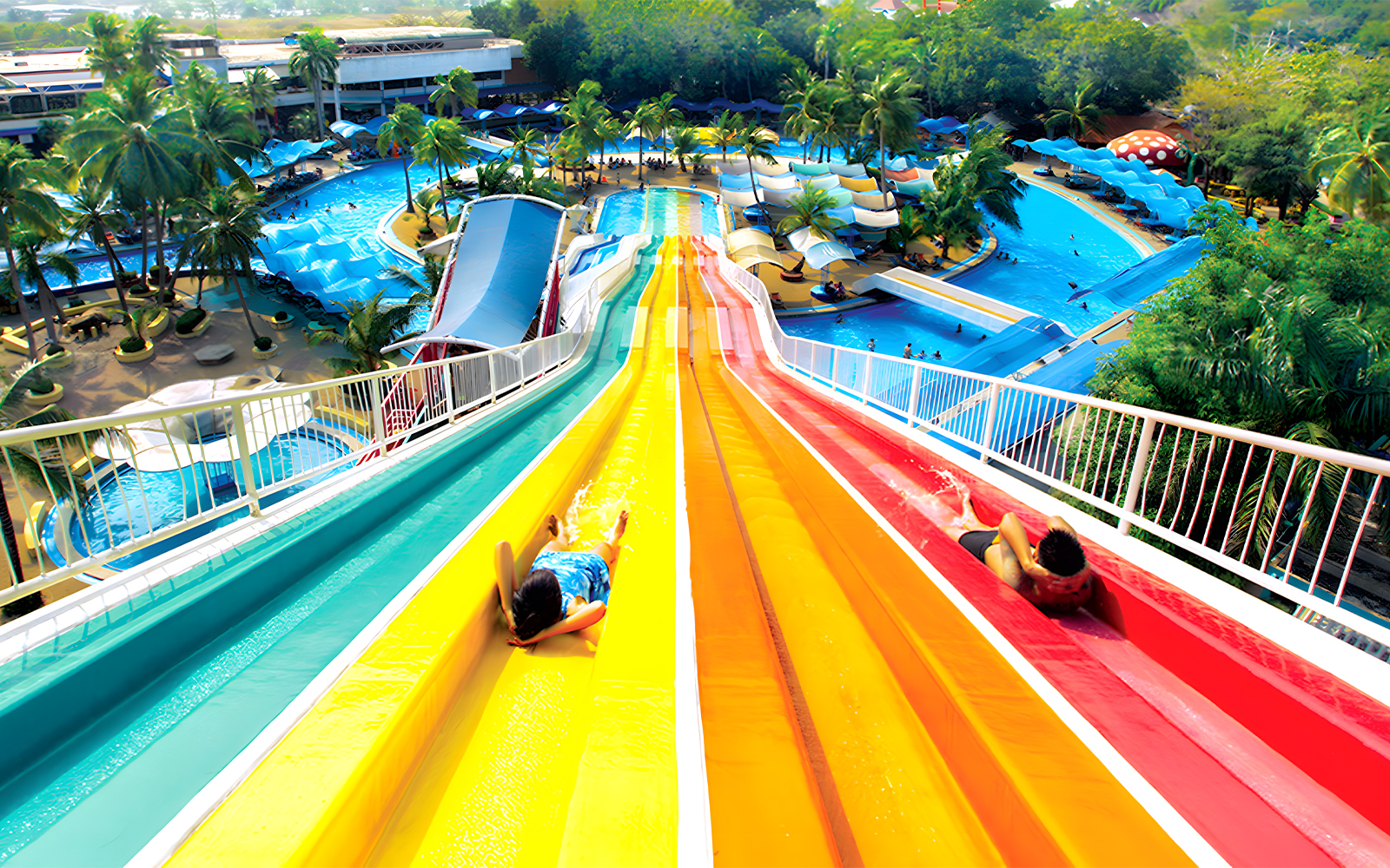 Water slides and pools at Siam Amazing Park, Bangkok, Thailand.