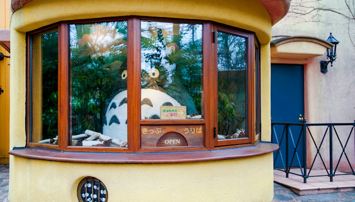 Totoro figure in Ghibli Museum window display, Tokyo.