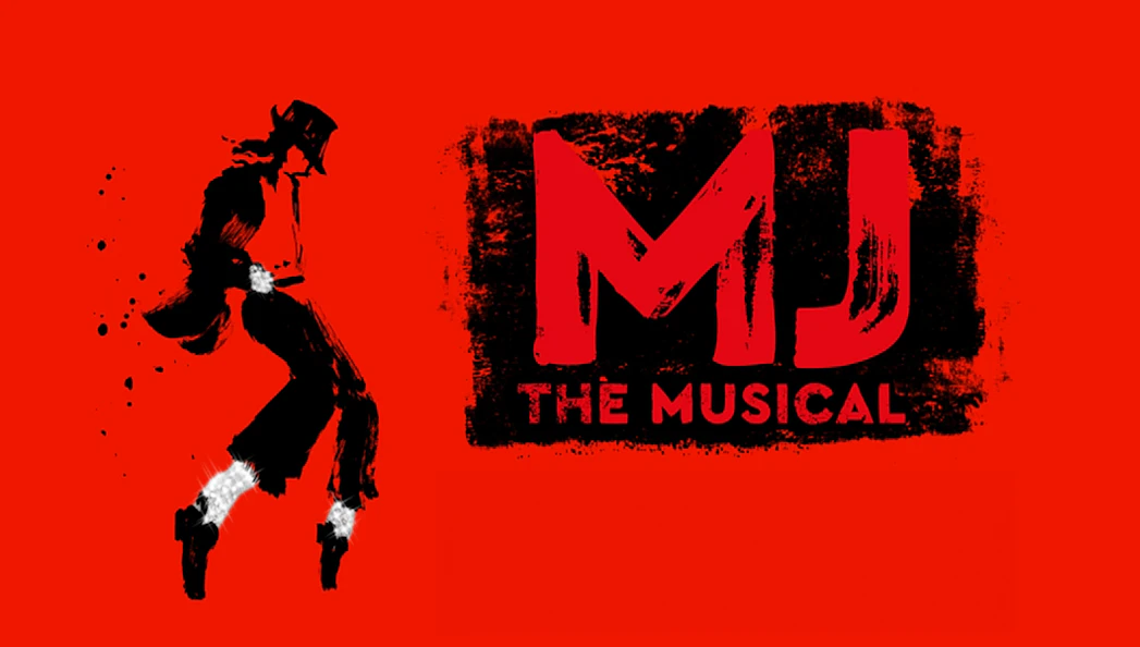 Silhouette of a dancer with "MJ: The Musical" text on a red background.