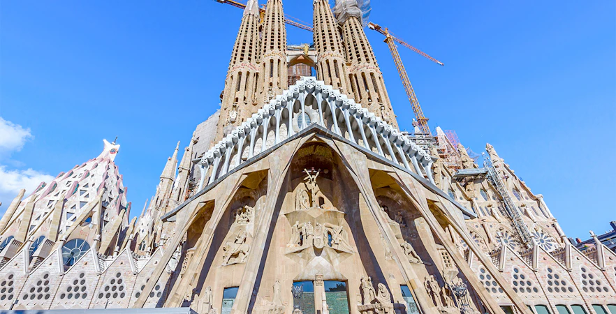 Sagrada Familia Passion Facade with detailed sculptures in Barcelona, Spain.