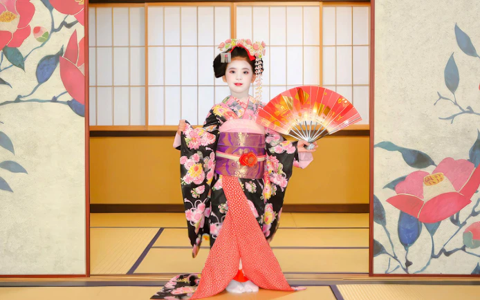 Maiko in traditional kimono holding a fan during a photoshoot in Kyoto.