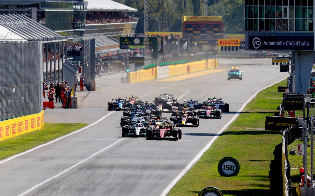 Cars racing at the start of the Monza Grand Prix 2023, Italy.