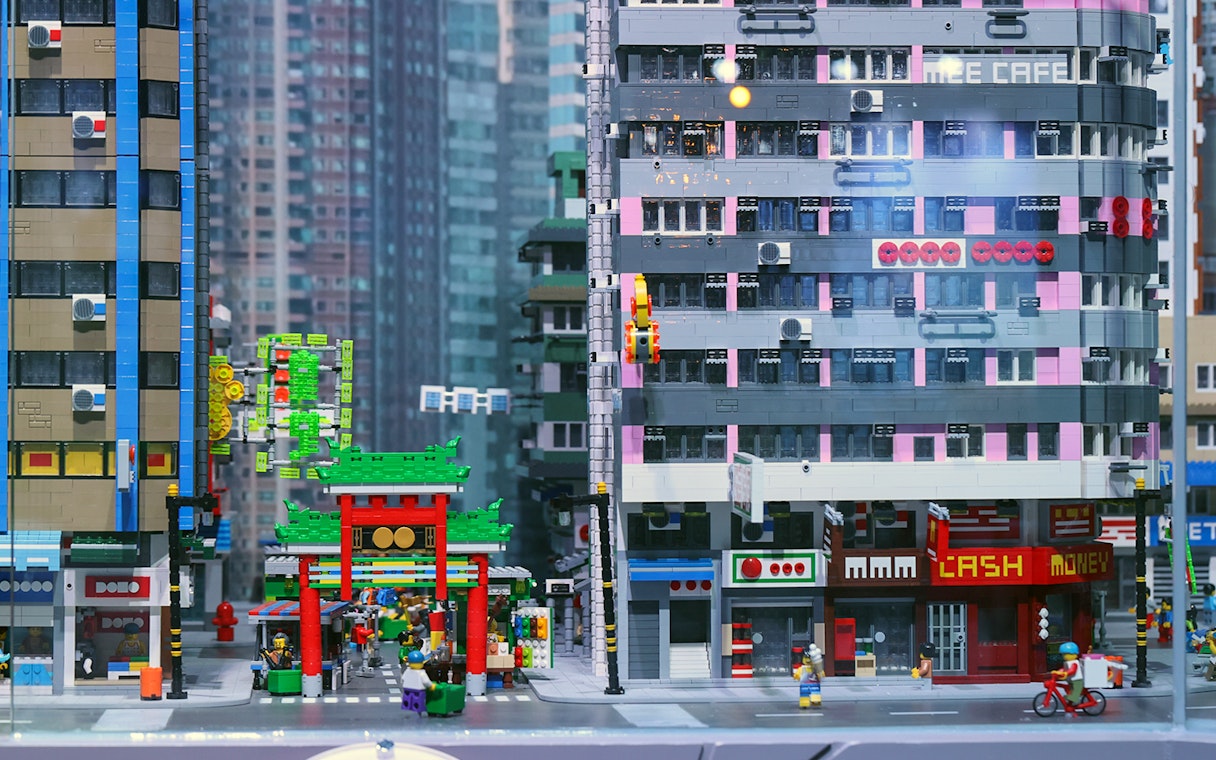 LEGO cityscape with colorful buildings and street scene at LEGOLAND® Discovery Centre Hong Kong.