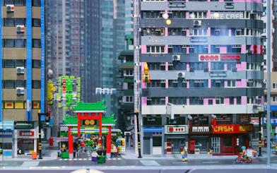 LEGO cityscape with colorful buildings and street scene at LEGOLAND® Discovery Centre Hong Kong.