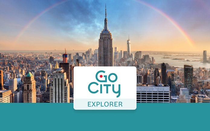 New York City skyline with Empire State Building and rainbow, promoting Go City Explorer Pass.